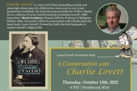Image of book cover: photo of author Lewis Carroll, photo of Lewis Carroll Scholar, Charlie Lovett, and images of the 'mad-hatter' and tea party members