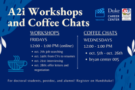 Image shows dates and times for the A2i workshops and coffee chats on a blue background.