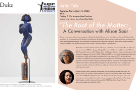 Poster w/photo of scultpture and guest speakers. text against pink and white background. Poster w/photo of scultpture and guest speakers. text against pink and white background.