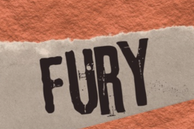 Paper collage art for the production of fury featuring textured orange paper and a profile of an old Roman painting of one of the furies looking furious