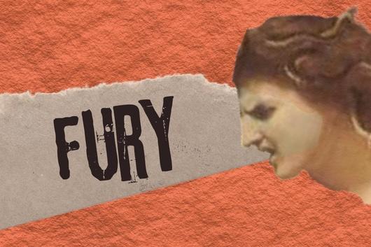 Paper collage of a painting of a Greek Fury over the text, &amp;amp;quot;Fury.&amp;amp;quot;