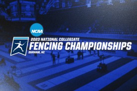 Graphic promoting the 2023 NCAA Fencing Championships in Cameron Indoor Stadium March 23-26.