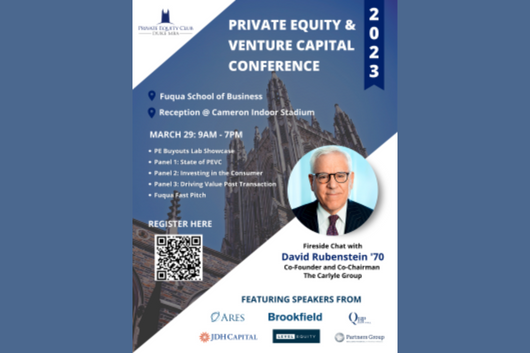 Flyer for PEVC Conference featuring headshot of David Rubenstein '70