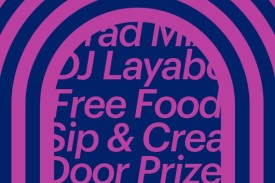 Purple and blue arcs with text in the middle reading grad mixer, DJ, Free food, sip and create, door prizes