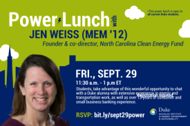 City skyline outline graphic and profile photo of Jenn Weiss. Text: &quot;Power Lunch with Jen Weiss (MEM&#39;12) Founder &amp; co-director, North Carolina Clean Energy Fund. Fri., Sept. 29, 11:30 a.m.-1 p.m. ET. Students, take advantage of this wonderful opportunity to chat with a Duke Alumna with extensive experience in energy and transportation work, as well as over 13 years of consumer and small business banking experience. Registration required. RSVP: bit.ly/sept29power. This power lunch is open to all current Duke students.&quot; Duke&#39;s Nicholas Institute for Energy, Environment &amp; Sustainability.