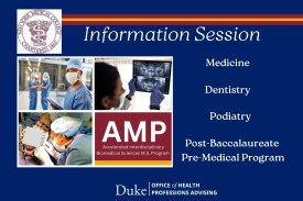 NYMC logo Information Session images of a physician, dental x-ray, knee surgery scene with focus on surgeon, words medicine, dentistry, podiatry,  AMP Accellerated Interdisciplinary Program, post-baccalaureate pre-medical program. Duke Office of Health Professions advising