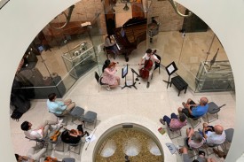 Fountain and Musical Instrument Collection in the lobby of the Biddle Music building