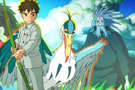 Anime still showing a boy holding an arrow nocked in a bow, a heron, and an elderly person