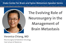 A poster including a photo of Veronica Chiang, MD, of Yale Neurosurgery. The title of the talk, "The Evolving Role of Neurosurgery in the Management of Brain Metastases" is next to the photo.