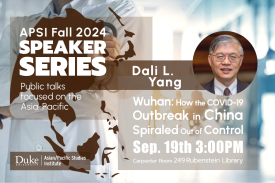 Headshot of Dali L. Yang; descriptive text (series, talk title, date, time, location); background image of medical professionals