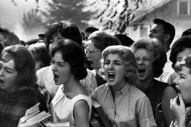 Women shouting in protest (b&w photo).