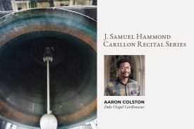 Photo of a large bell. Text: Carillon Recital Series