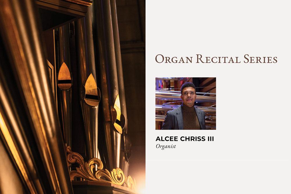 Photo of organ pipes. Text: Organ Recital Series