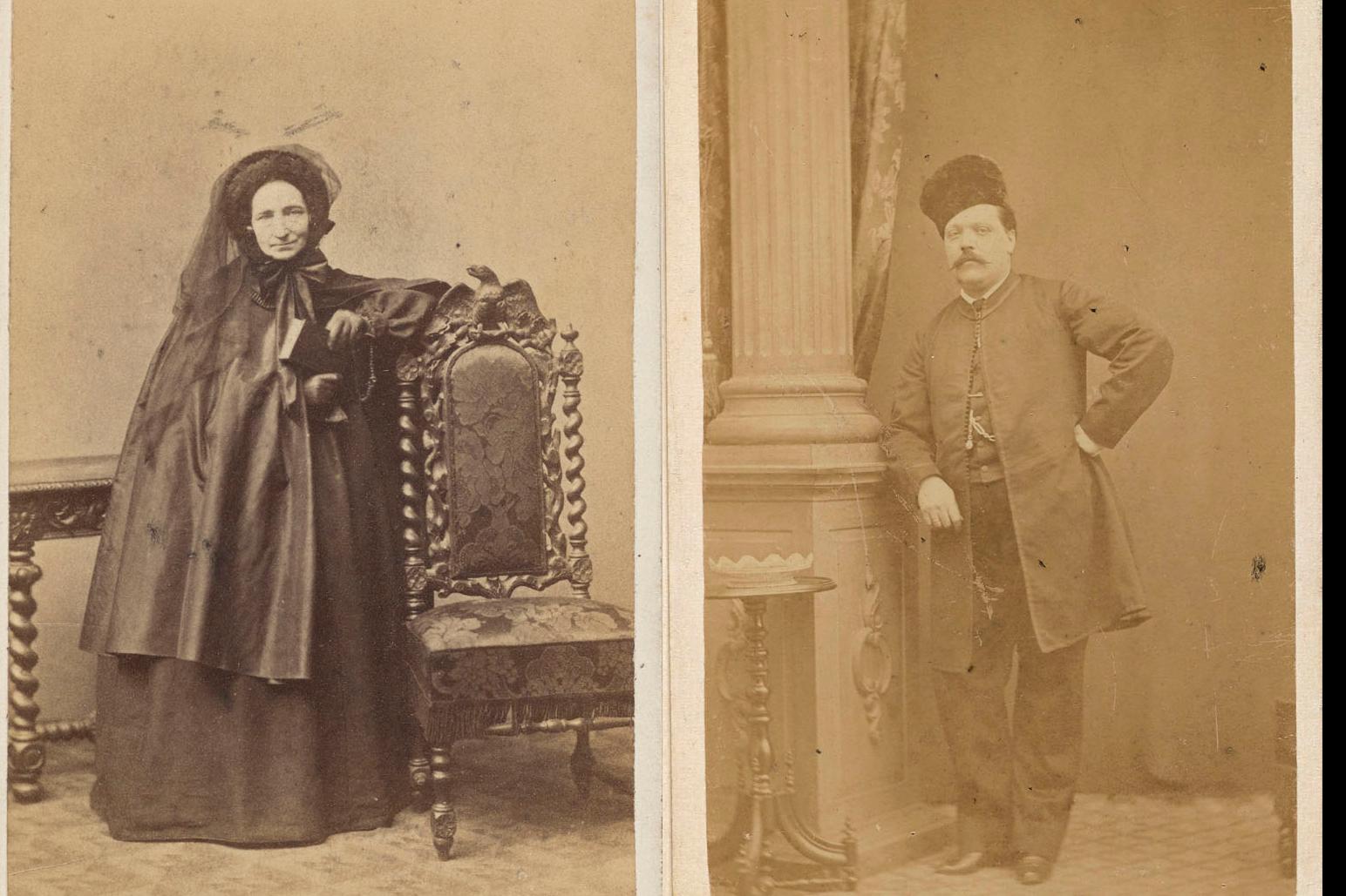 woman in mourning gear; man in hat