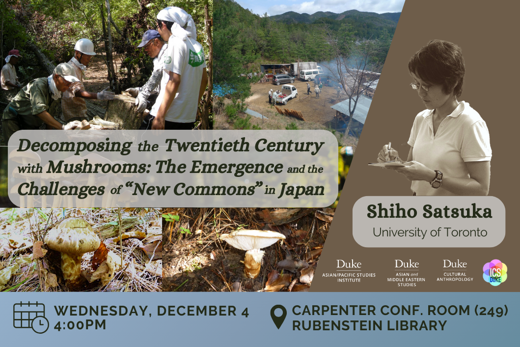 Grid of images (clockwise from left: people standing around a stump looking at gathered mushrooms; a clearing in a forest; mushrooms on the forest floor); descriptive text (talk title, date, time, location, speaker, sponsors); sepia-toned photograph of a person writing on a sheet of paper