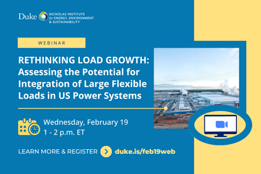 Drone photo of data center in Sterling, Virginia. Text: "Webinar. Rethinking Load Growth: Assessing the Potential for Integration of Large Flexible Loads in US Power Systems. Wednesday, February 19, 1-2 p.m. ET. Learn more & register: duke.is/feb19web" Logo included for the Nicholas Institute for Energy, Environment & Sustainability.