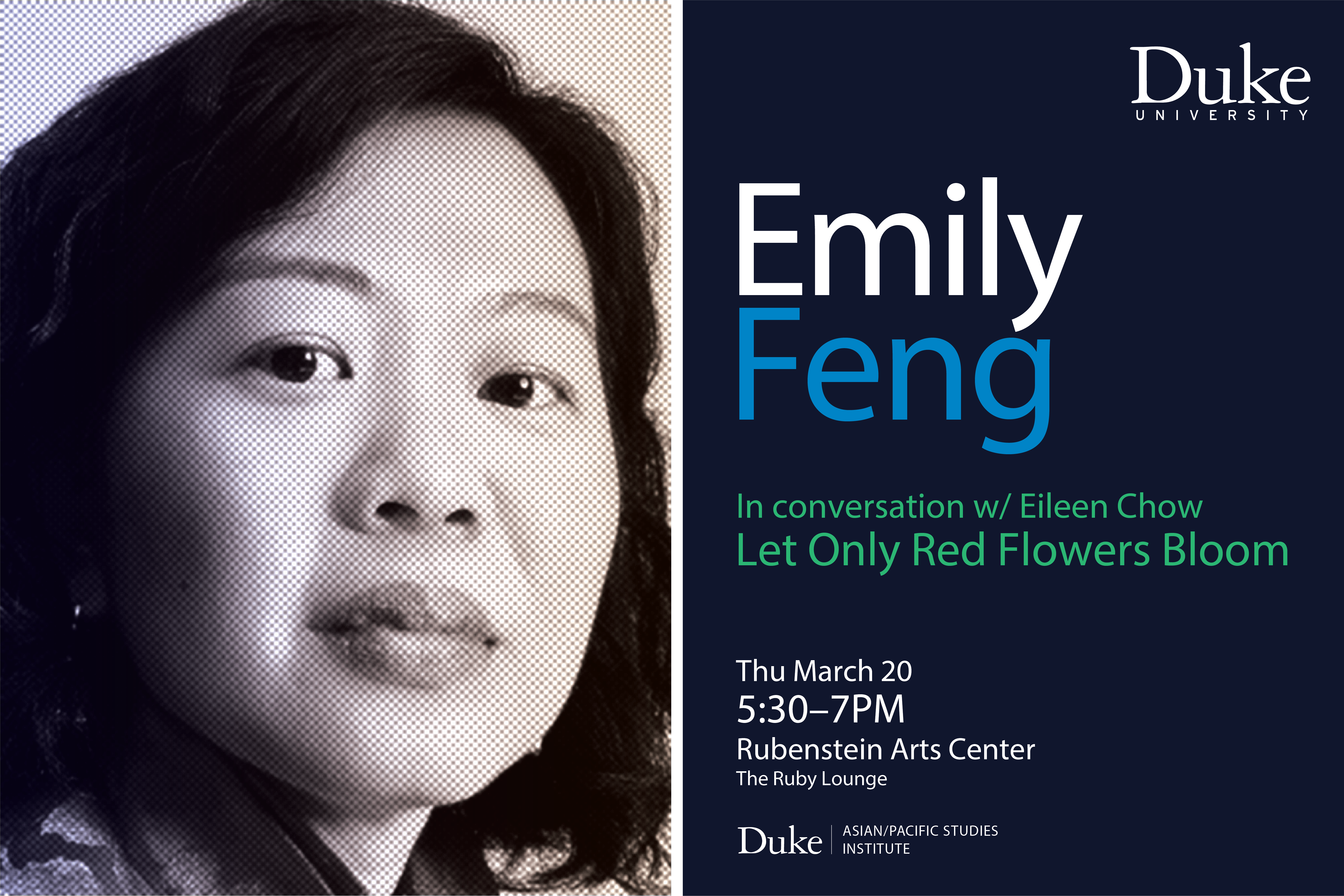 Headshot of Emily Feng; descriptive text (talk title, date, time, location, organizer)