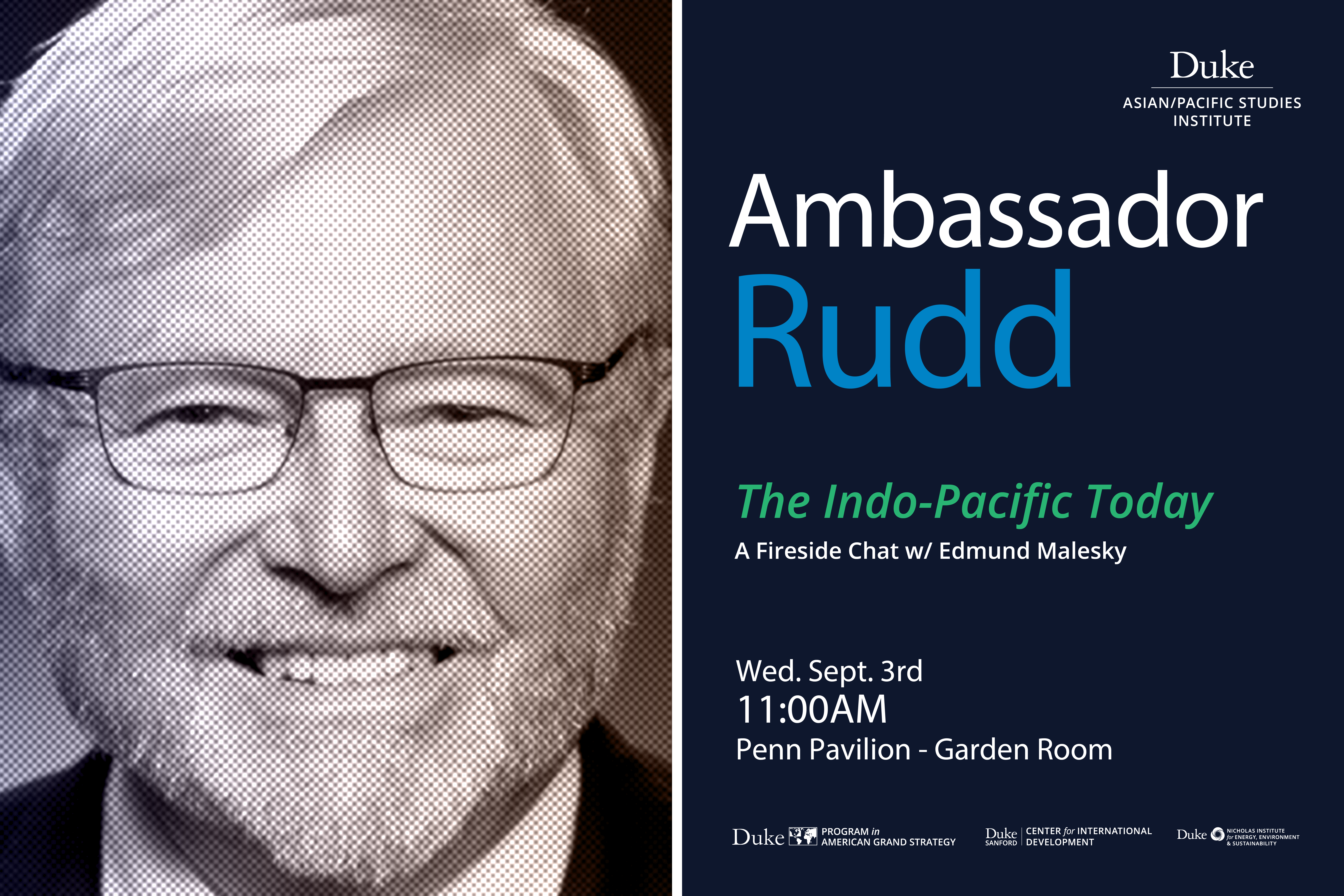 Headshot of Ambassador Kevin Rudd; text (event title, date, time, location, sponsors)