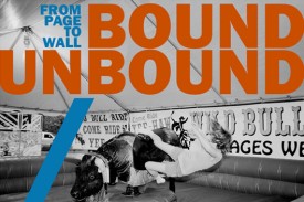 Person falls off a mechanical bull beneath large ‘Bound Unbound’ event text.