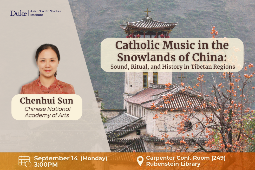 A headshot of a person (Chenhui Sun); text (talk title, speaker name and affiliation, date, time, and location; all details on page); background photo of a church in the mountains foregrounded by a persimmon tree
